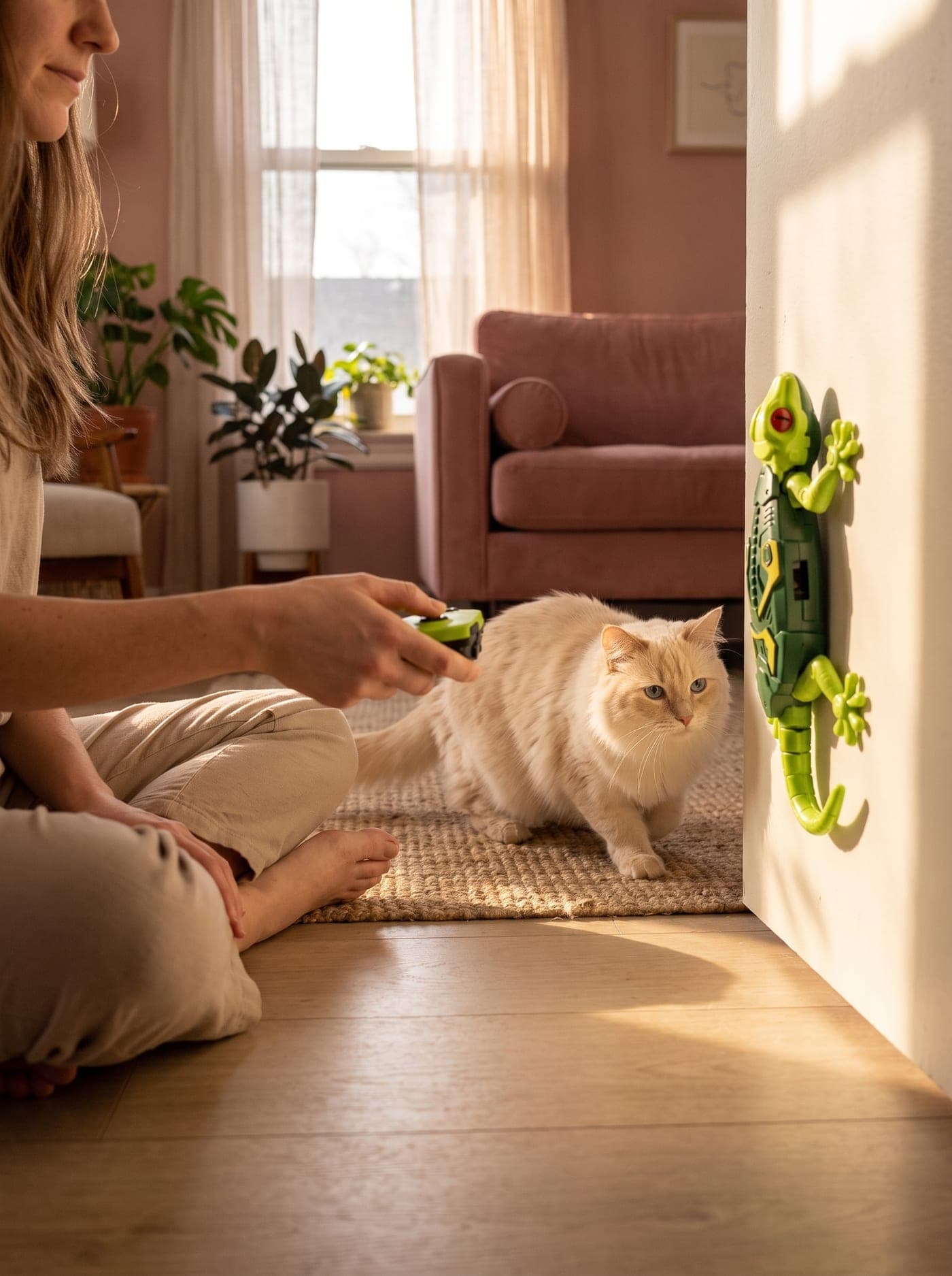 A person sitting on the floor working the remote while their cat stalks the gecko on the wall