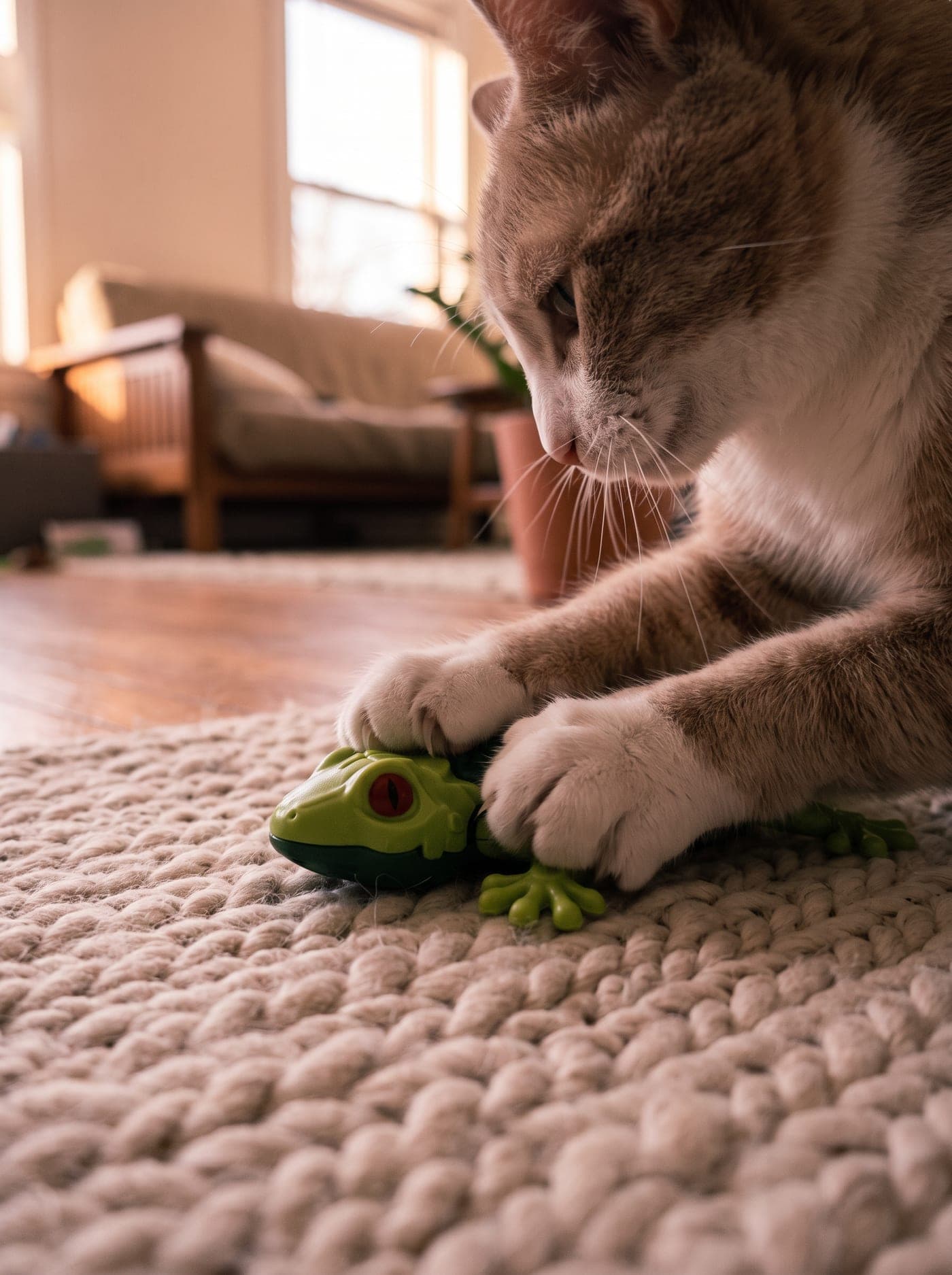 A cat pinning the gecko down with both front paws on a rug